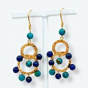 Zimmer Brothers‎ Earrings ZB 14k Yellow Gold Hoops Lapis Turquoise Hammered
